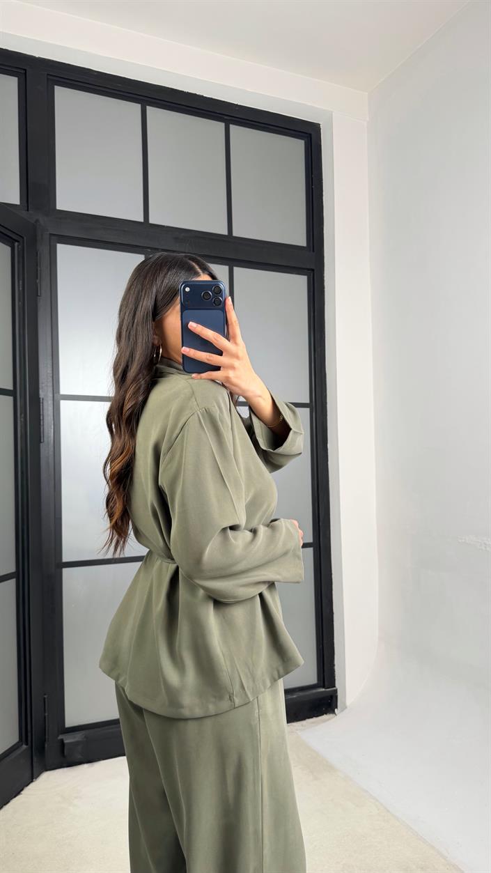 Yeşil Broş Detaylı Kimono Beli Lastikli Pantolon Takım GAUS-01345