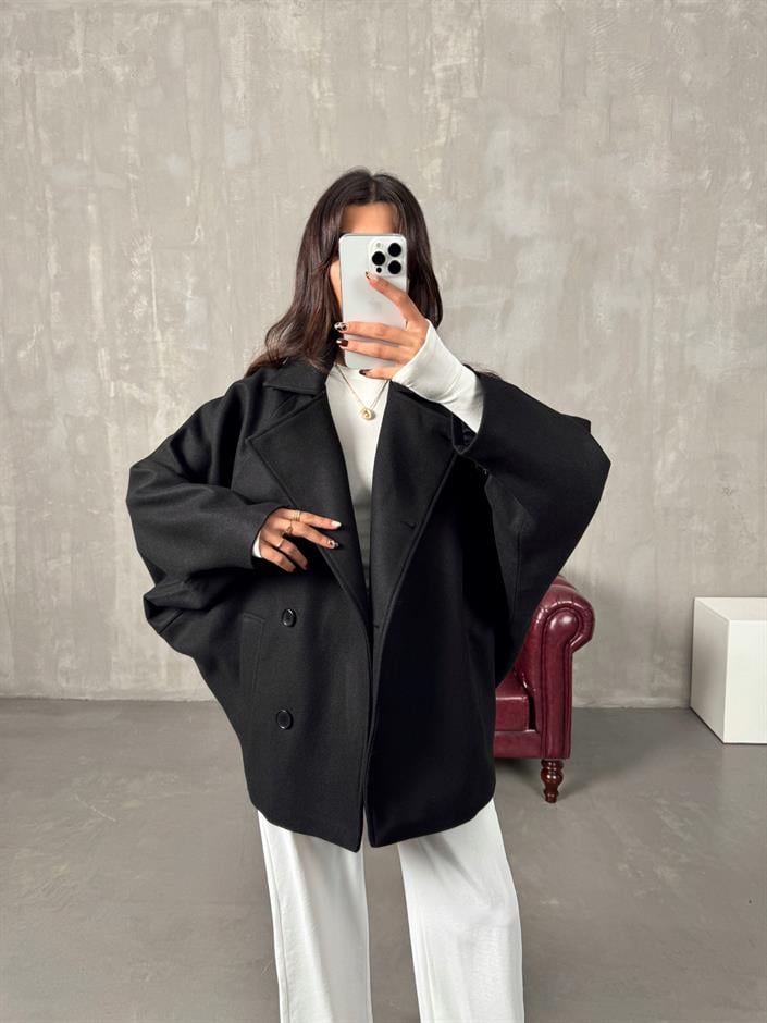 Cowe Siyah Yarasa Model Astarlı Kaşe Kaban