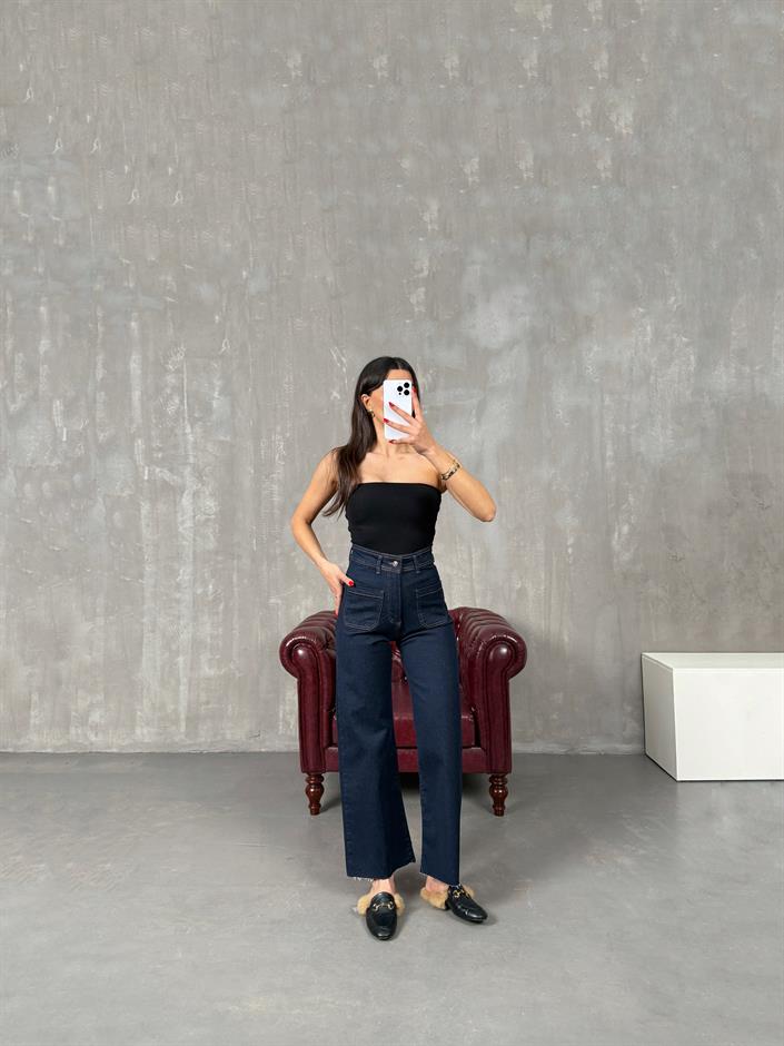 Rasa Lacivert Cep Detaylı Yüksek Bel Kesik Paça Jean