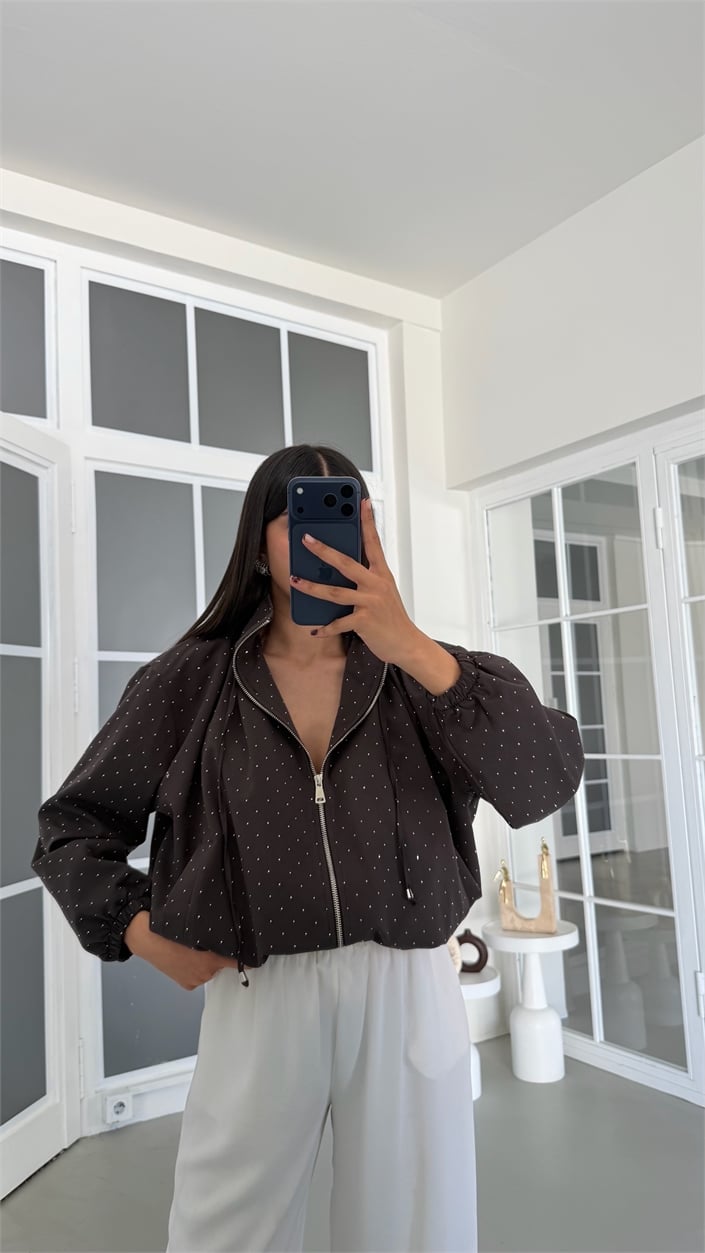 Kahve Astarlı Taşlı Tasarım Bomber Ceket GAUS-01898