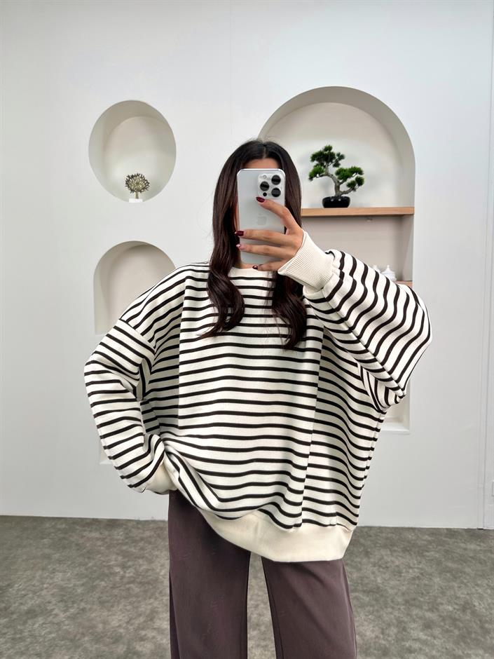 Biana Kahve Çizgili Üç İplik Şardonlu Ekru Oversize Sweatshirt
