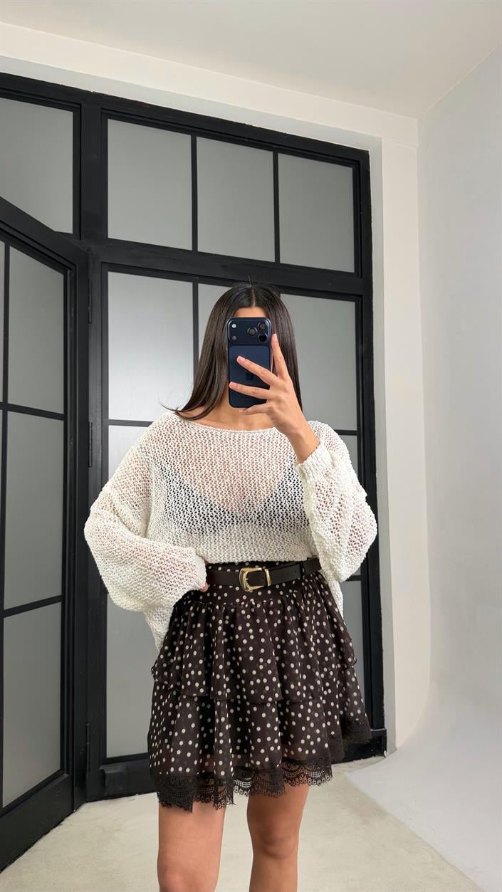 Acı Kahve Kemerli Katlı Puantiye Desenli Etek PNY07 GAUS-01322