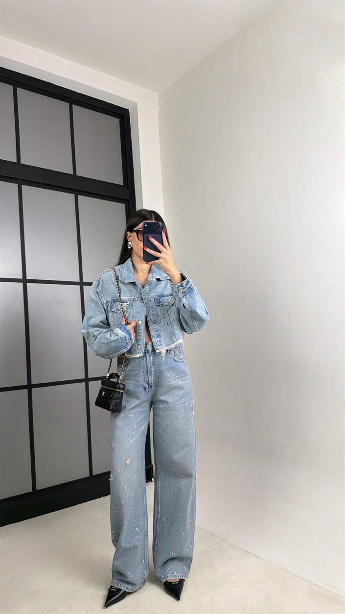 Mavi Crop Ceket Jean Taşlı ZR Model Denim Takım GAUS-00917
