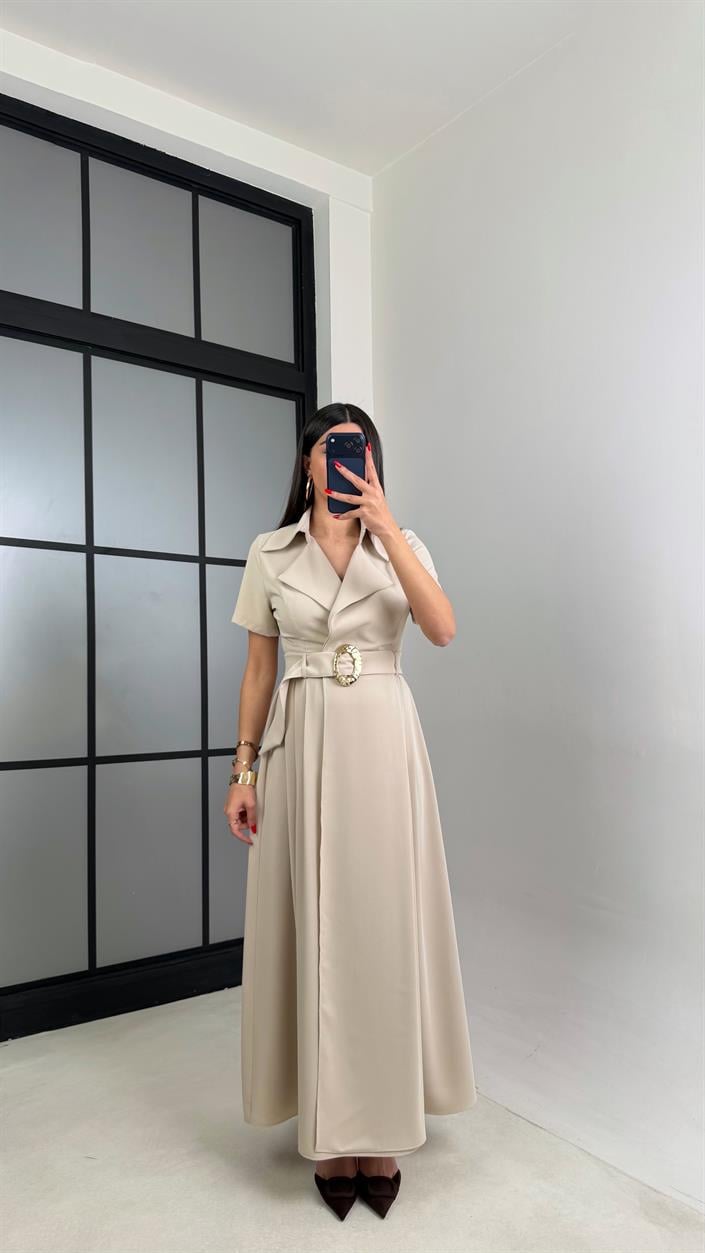 Taş Gold Toka Kuşaklı Krep Kumaş Uzun Elbise GAUS-00974