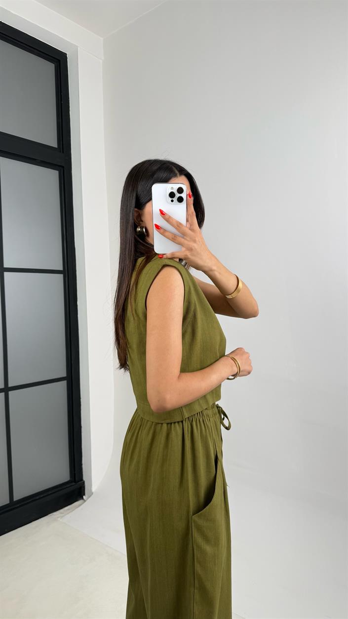 Yeşil V Yaka Bluz Beli Lastikli Balon Pantolon Muadil Keten Takım GAUS-0016