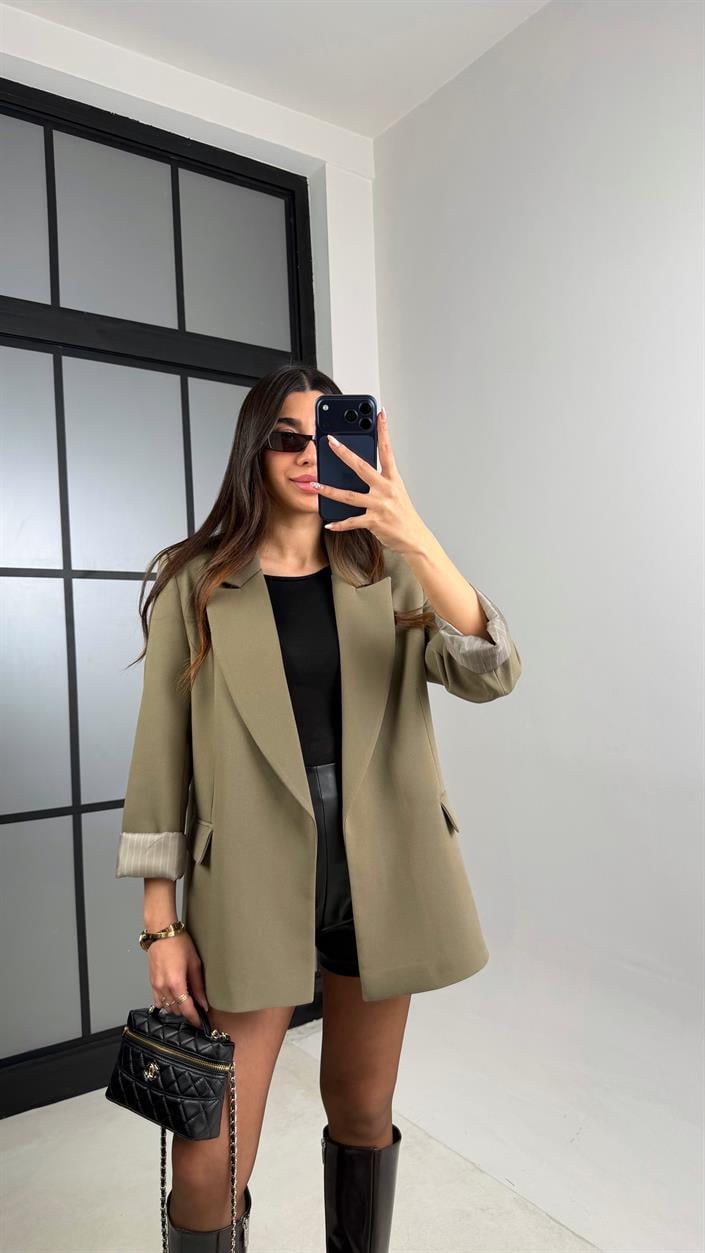 Haki Astarlı Vatkalı Cep Detaylı Blazer Ceket GAUS-00850