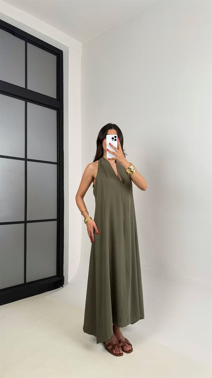 Haki V Yaka Sırt Detaylı Premium Tencel Elbise Gaus00481 
