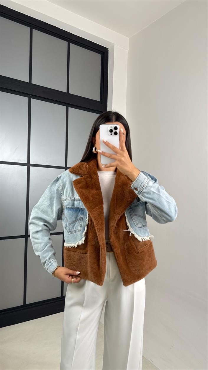 Kahve Denim Detaylı Peluş Ceket GAUS-00583