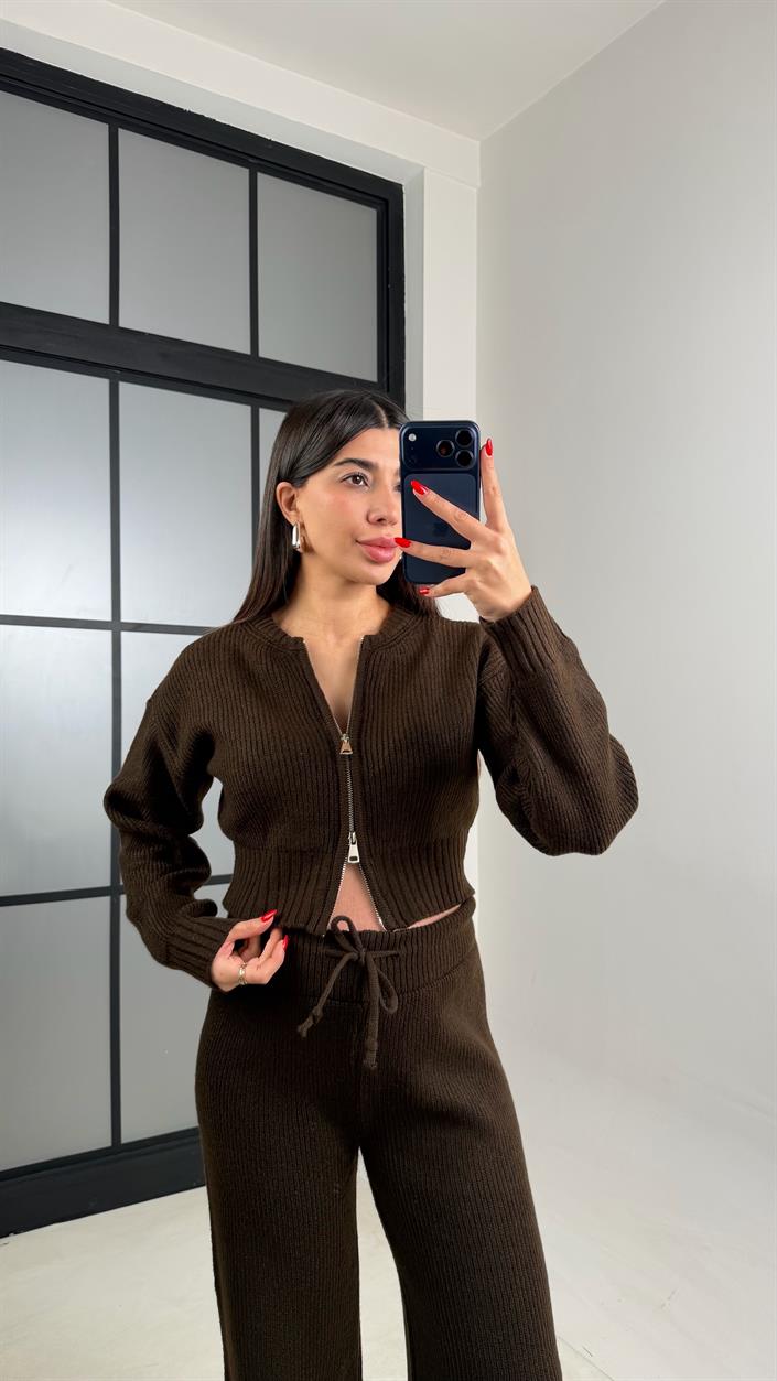 Acı Kahve Çift Fermuarlı Hırka Pantolon Triko Takım GAUS-00951