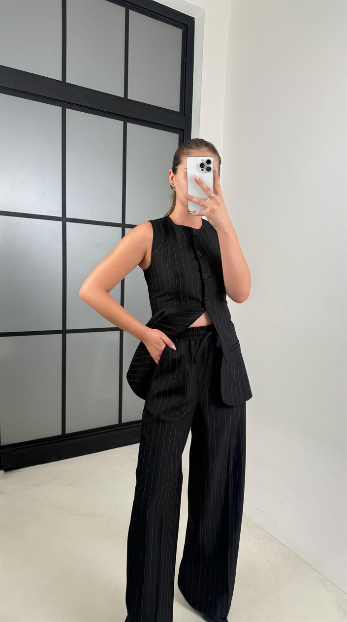 Siyah Çizgili Yelek Pantolon Kumaş Takım GAUS-00495
