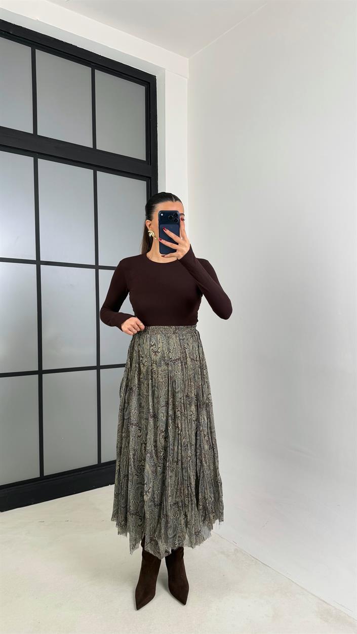 Yeşil Etnik Desenli Astarlı Şifon Etek GAUS-00788