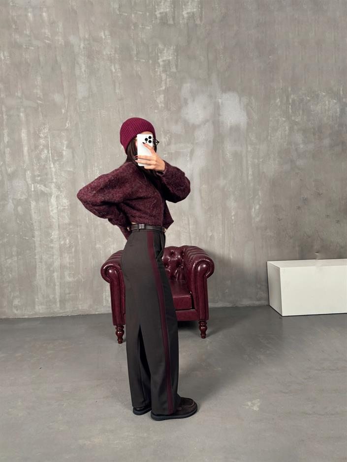 Rodni Kahve Bordo Şeritli Yünlü Poliviskon Tasarım Pantolon