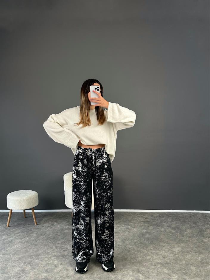 Siyah Varak Baskılı İp Bağlamalı Pantolon 