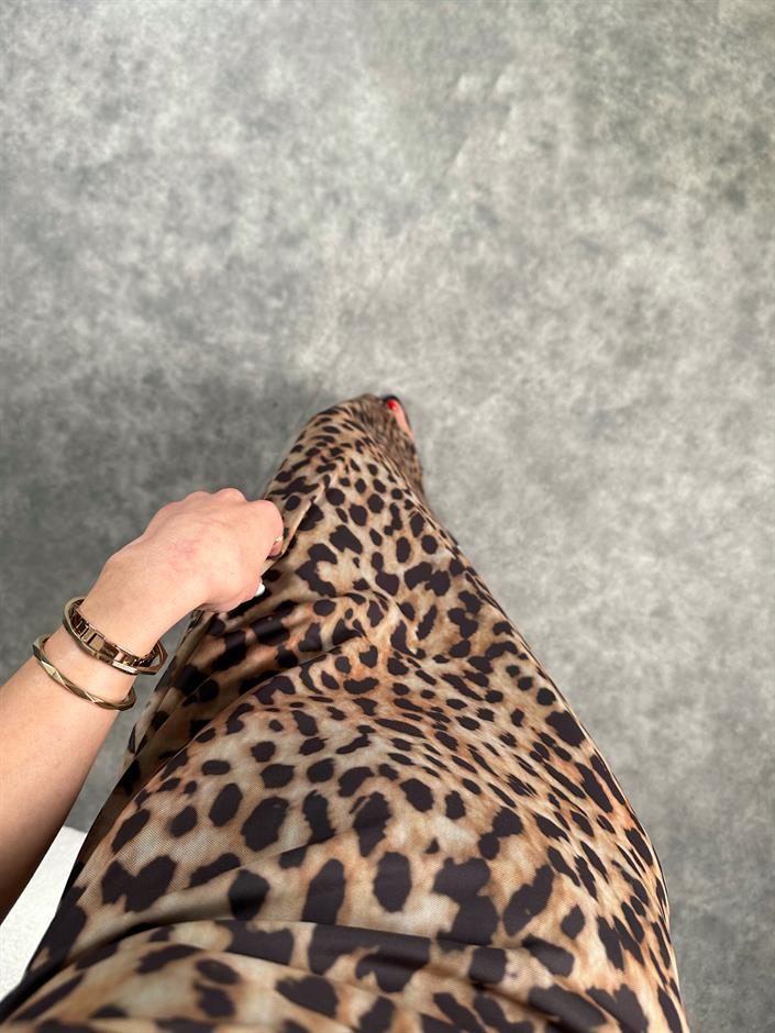 Pinterest Leoparlı Astarlı Askılı Uzun Elbise 