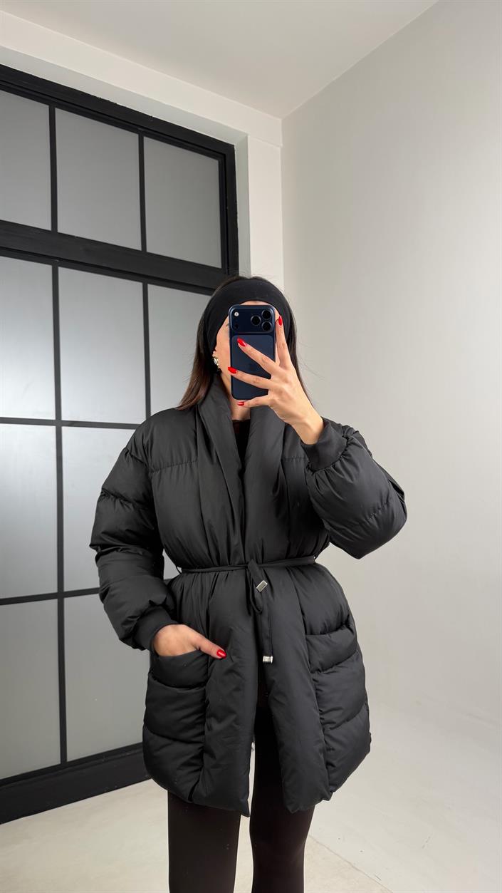 Siyah Astarlı Cep Detaylı Kuşaklı Şişme Mont GAUS-00879