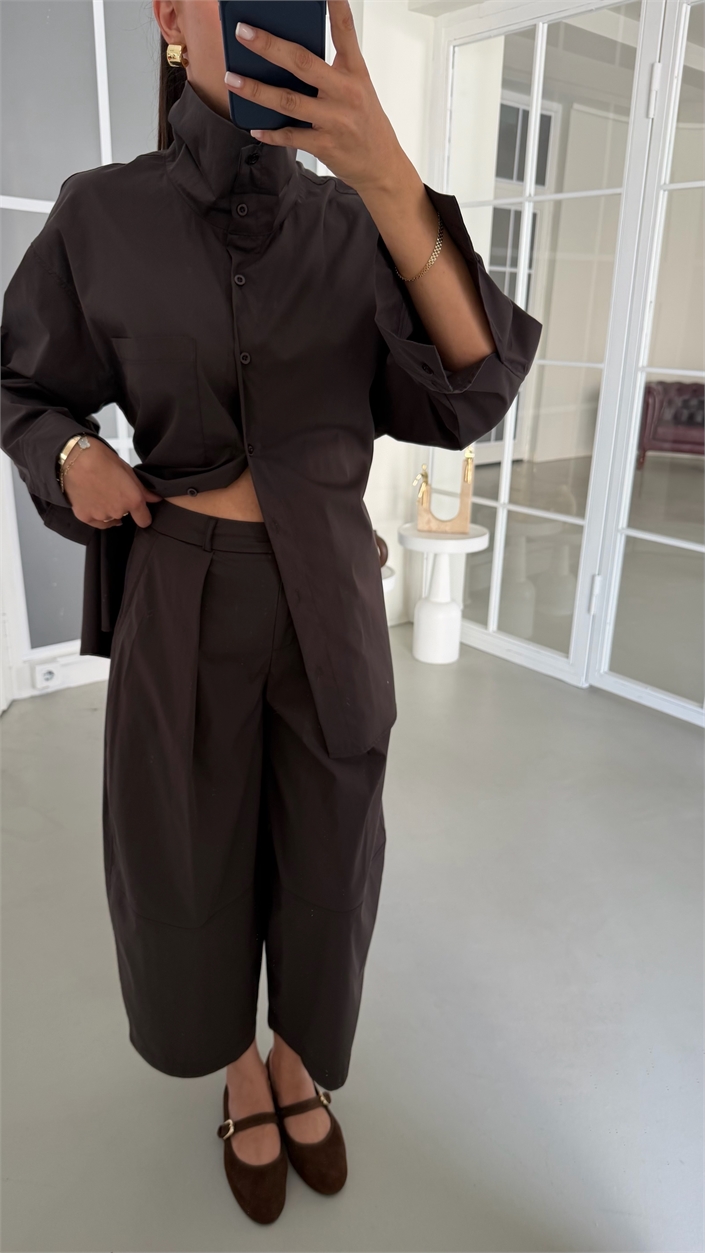 Acı Kahve Beli Ayarlanabilir Gömlek Balon Pantolon İkili Tencel Takım GAUS-02083