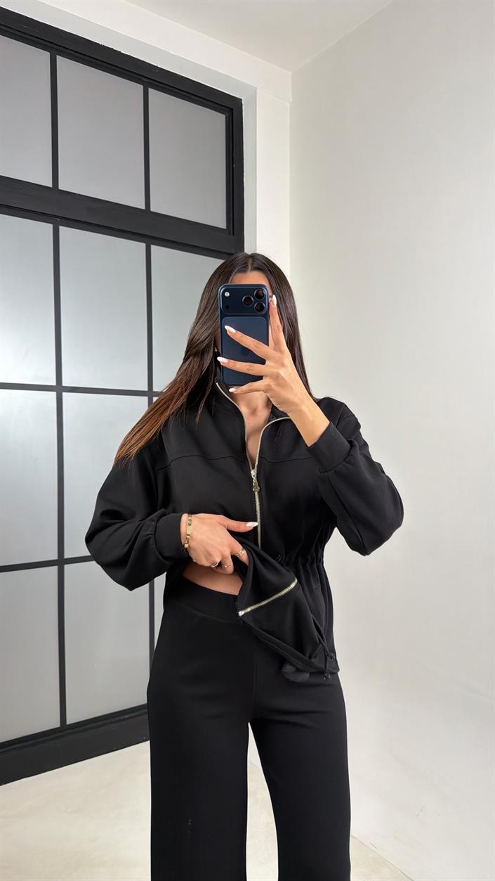 Siyah Beli Büzgülü Hırka Pantolon İkili Modal Takım GAUS-00571