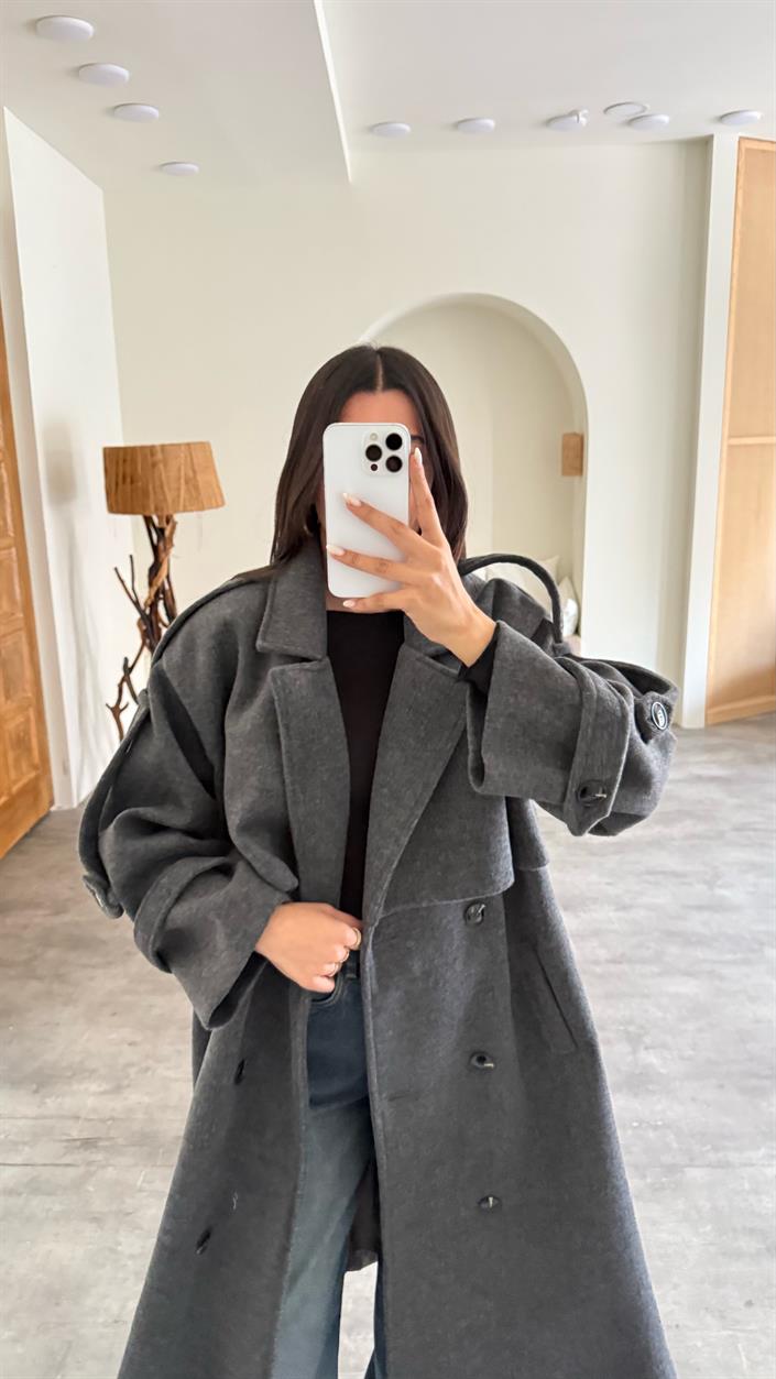 Antrasit Astarlı Kuşaklı Premium Kaşe Kaban GAUS-00505