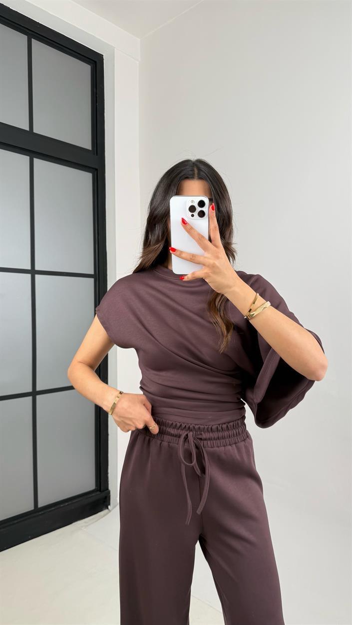Acı Kahve Yarasa Kol Bluz Beli Lastikli Pantolon Tasarım Modal Kumaş Takım GAUS-01251
