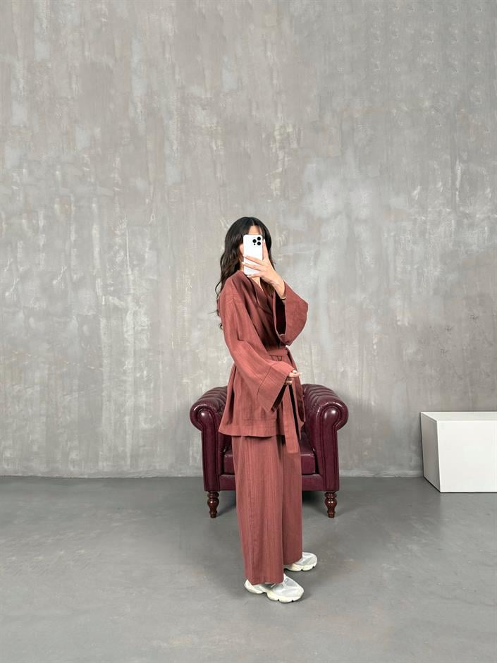 Sansa Kiremit Kuşaklı Keten Kimono Takım