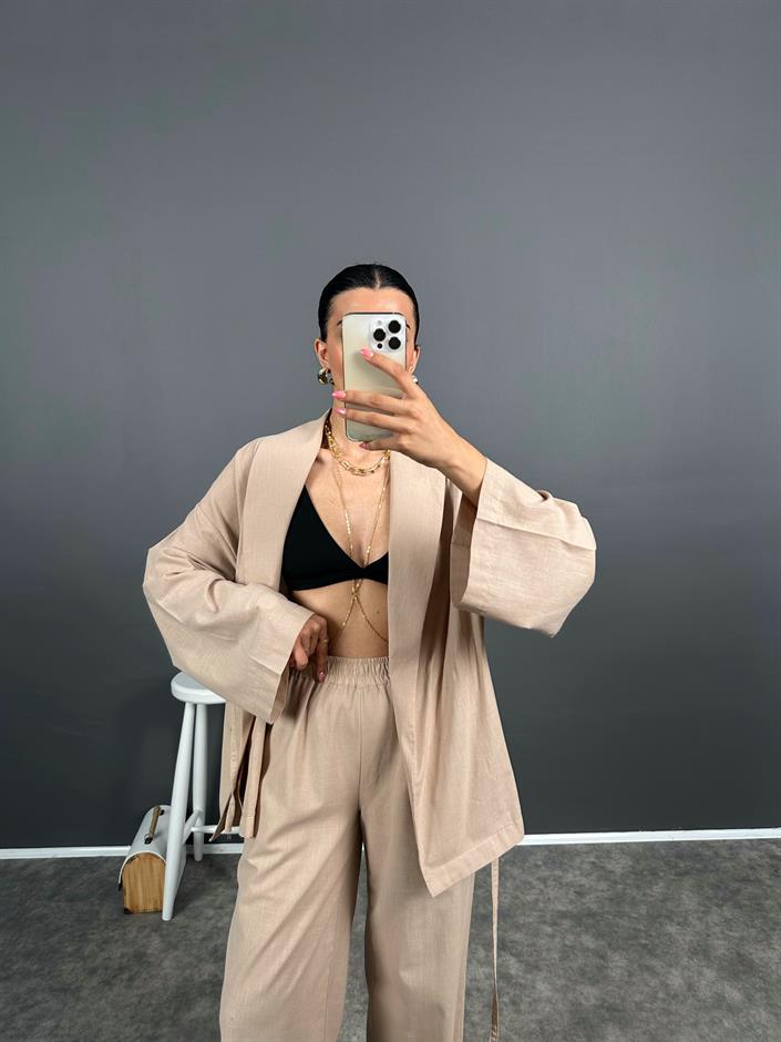 Guta Sütlü Kahve Keten Karışımlı Yarım Astarlı Pantolon Kimono İkili Takım