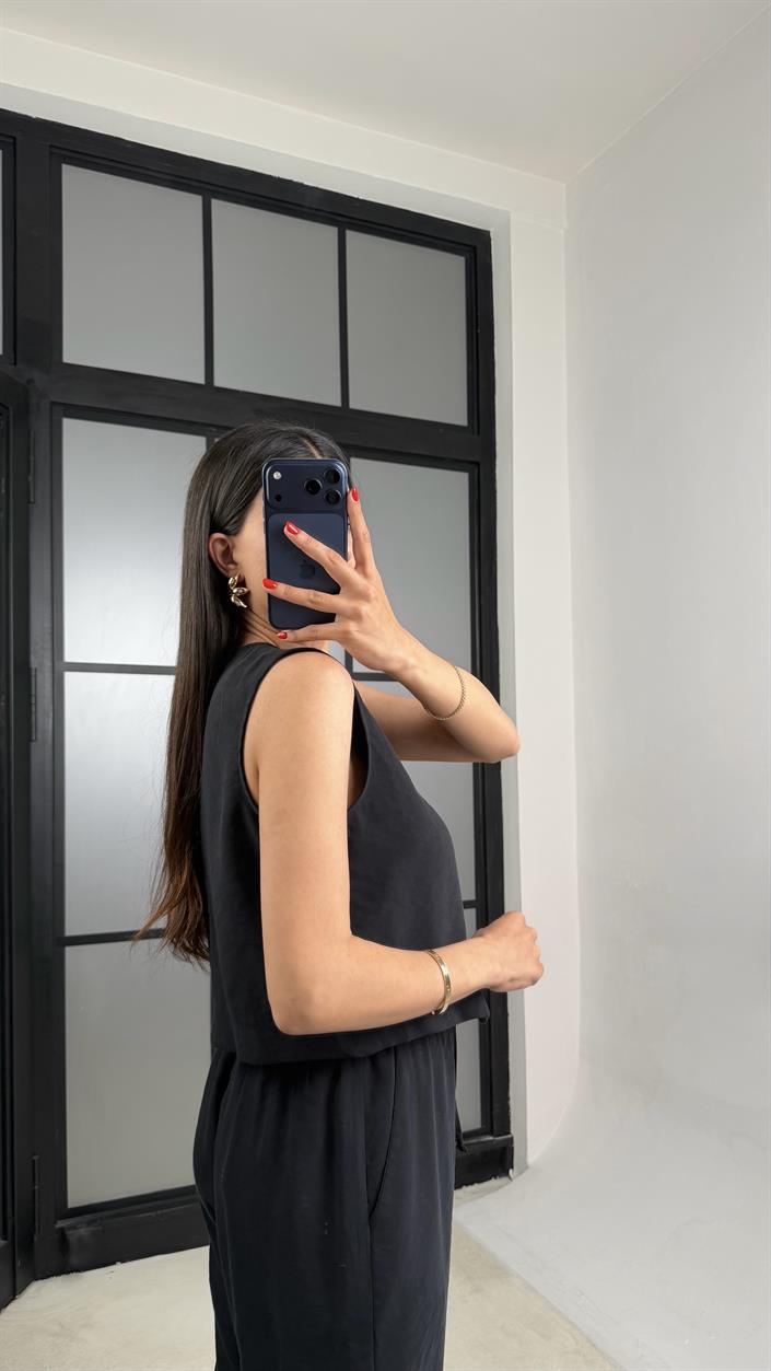 Siyah Yelek Beli Lastikli Pantolon Premium Takım GAUS-01538
