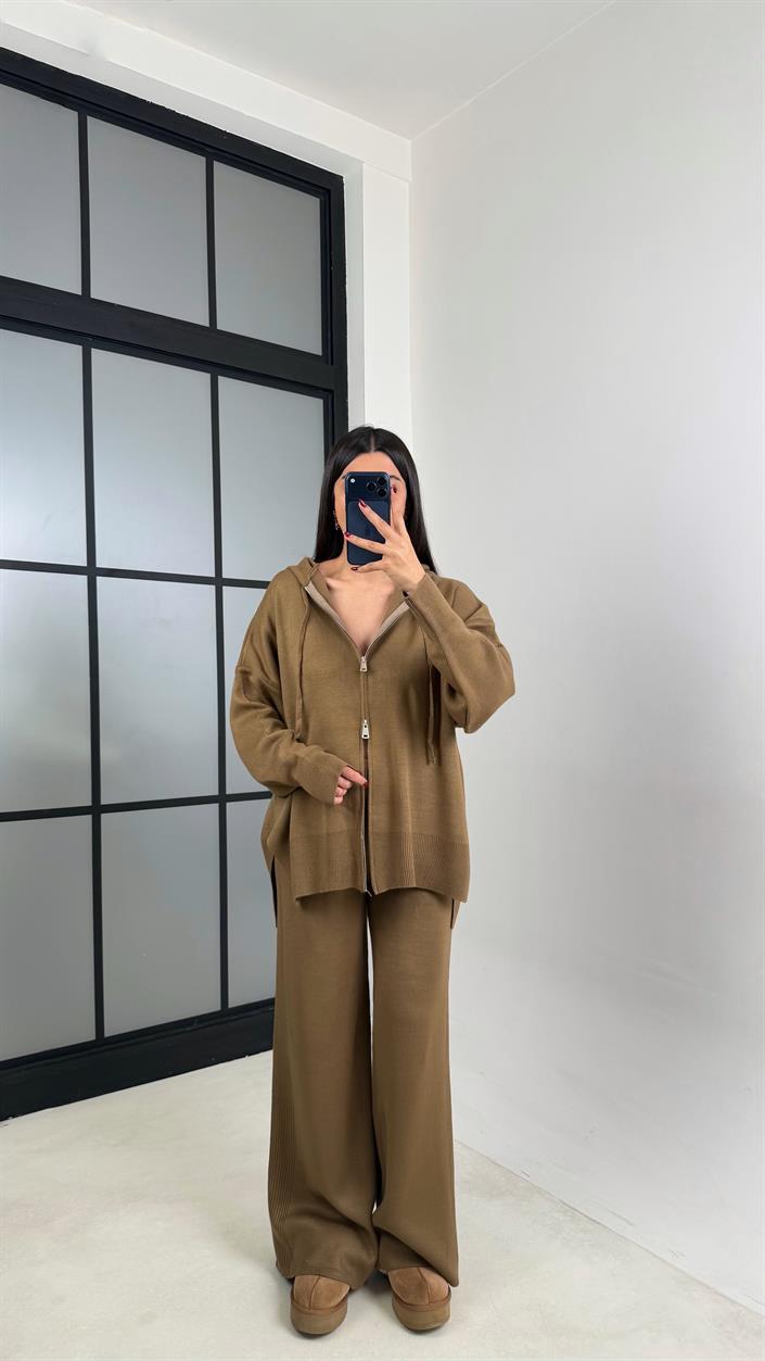 Kahve Çift Fermuarlı Kapüşonlu Hırka Beli Lastikli Pantolon İkili Triko Takım GAUS-00676