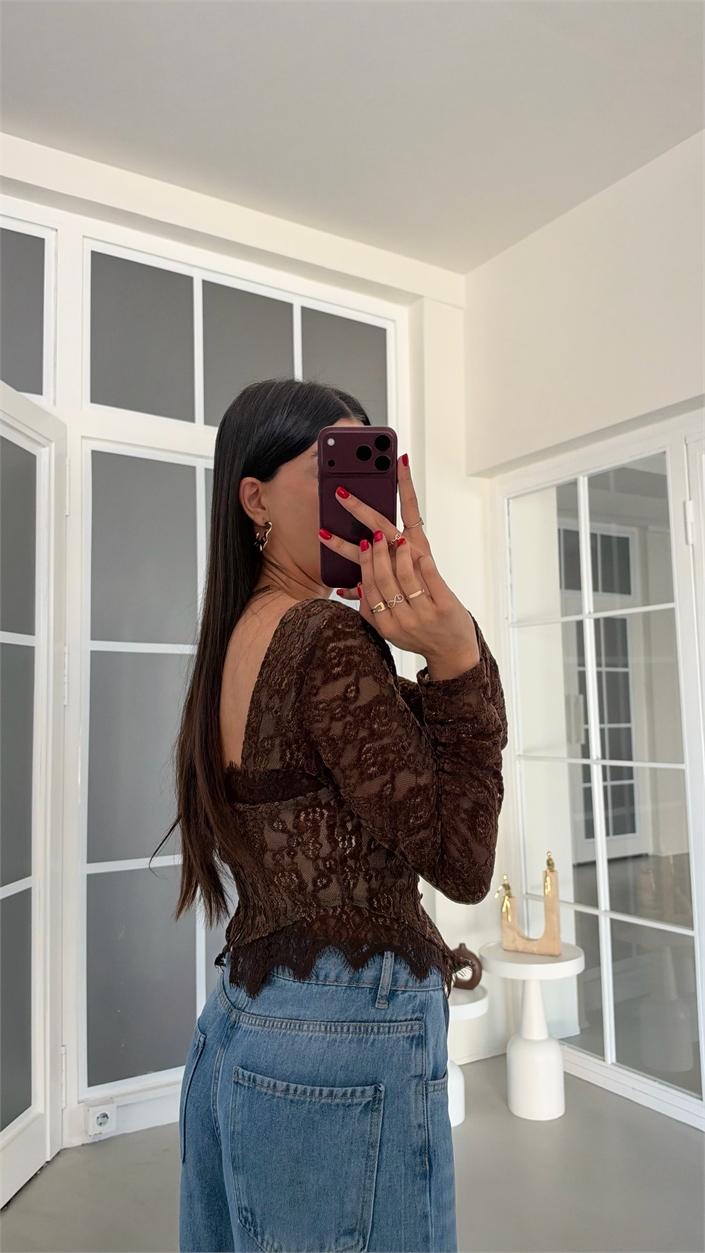 Acı Kahve Dantel Detaylı Premium Korse Bluz GAUS-02281