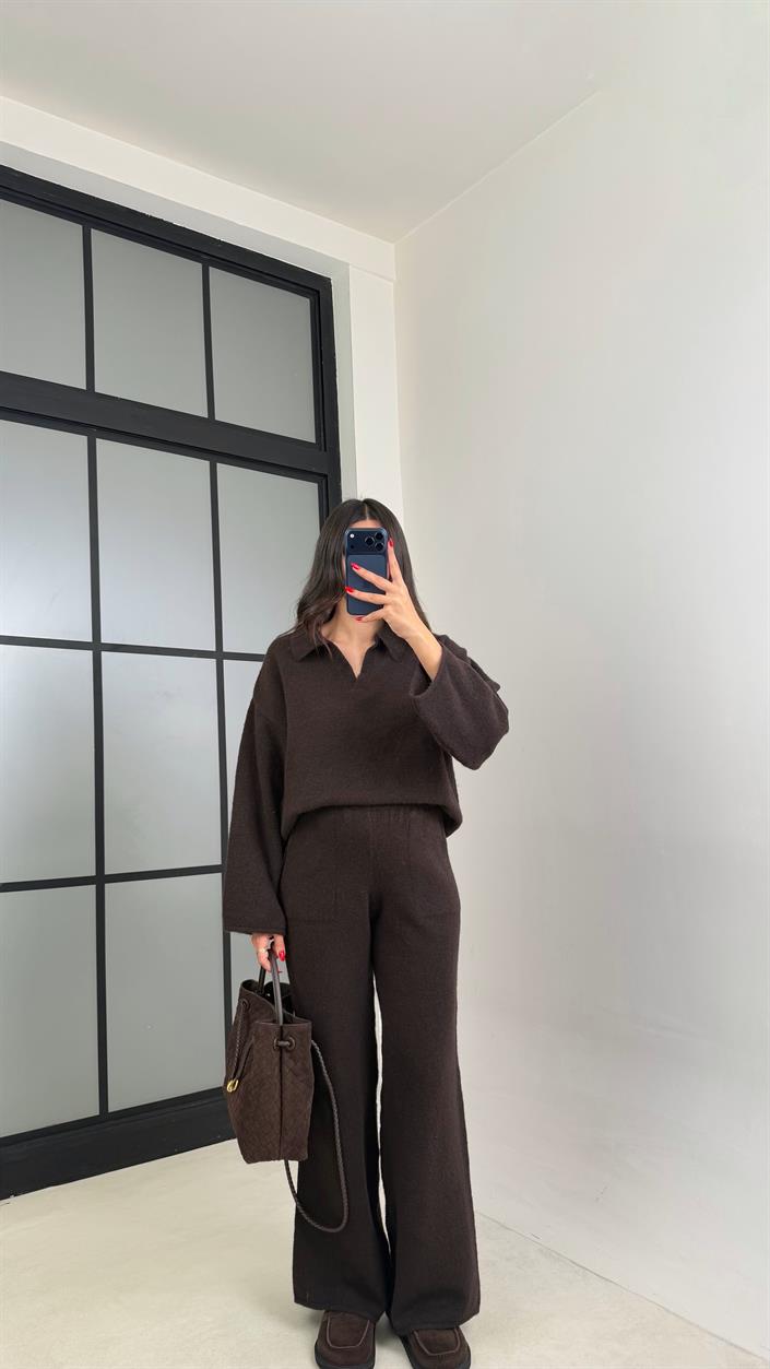 Acı Kahve Polo Yaka Kazak Beli Lastikli Pantolon Triko Takım GAUS-00874