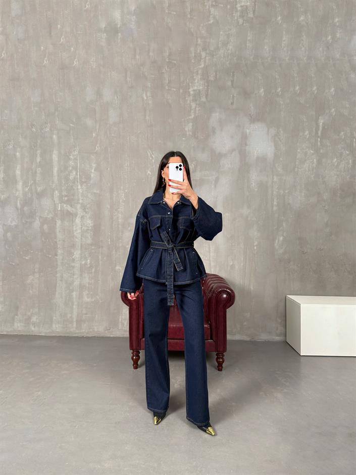 Vanola Lacivert Belden Kuşaklı Tasarım Premium Denim Takım 