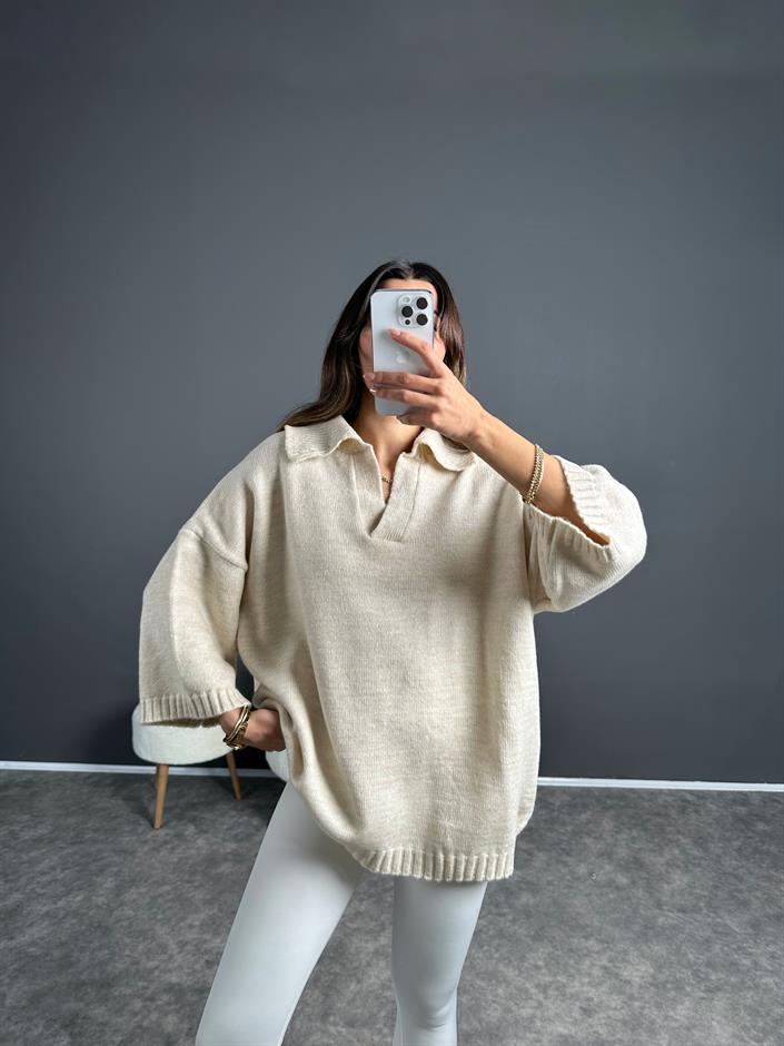 Doi Krem Polo Yaka Triko Oversize Kazak