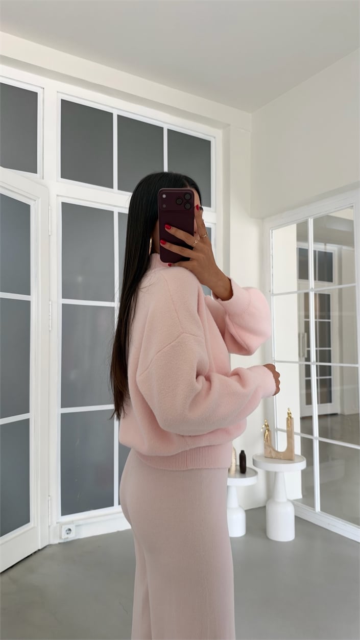 Pembe Çift Fermuarlı Hırka Beli Lastikli Pantolon İkili Yumuşak Kumaş Premium Takım GAUS-02303