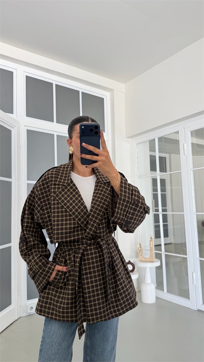 Kahve Astarlı Ekose Desenli Kuşaklı Premium Trençkot GAUS-01895