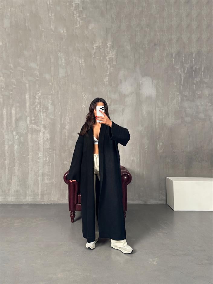 Nivera Siyah Oversize Premium Uzun Hırka