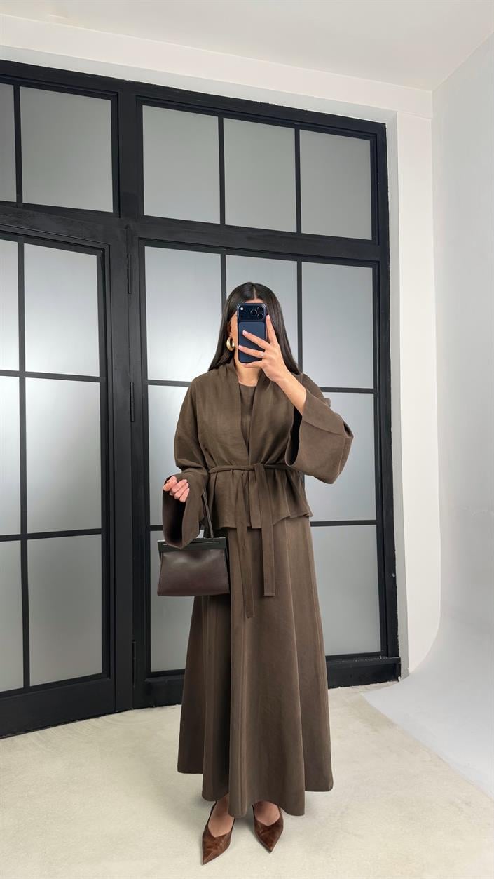 Acı Kahve Kuşaklı Ceket Elbise Premium Tencel Takım GAUS-01165