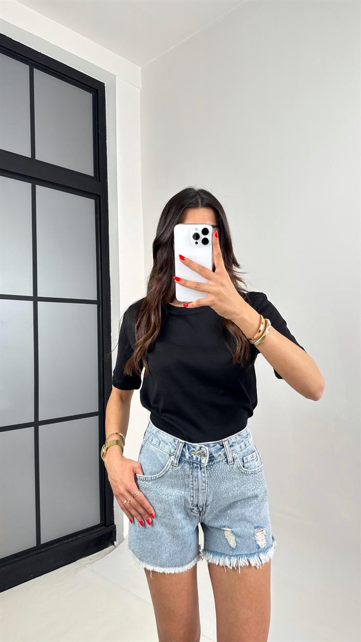 Mavi Taşlı Kesik Paça Denim Şort Gaus00478