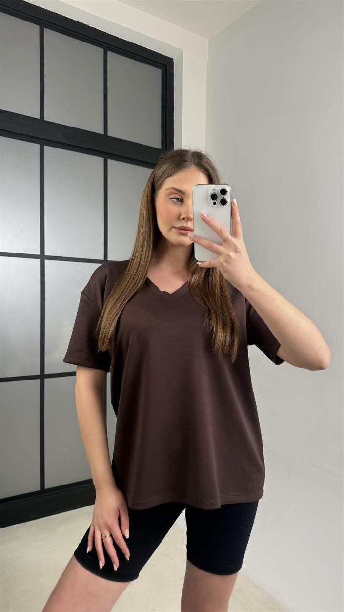 Acı Kahve V Yaka Basic Tshirt GAUS-01131