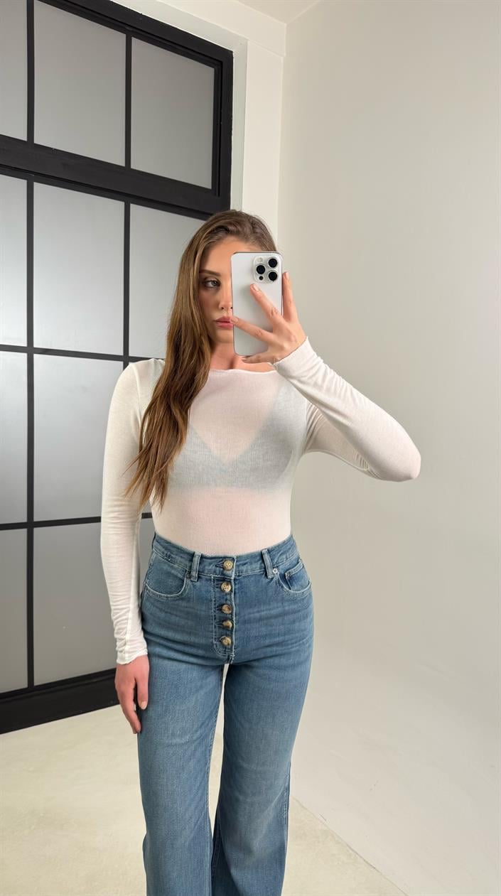 Mavi Düğme Detaylı İspanyol Paça Cep Etiketli Tasarım Jean GAUS-00742