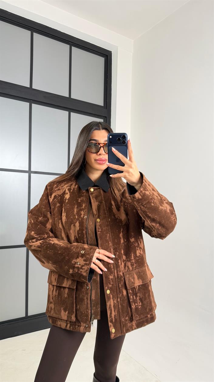 Kahve Kadife Yakalı Efektli Premium Mont GAUS-00791