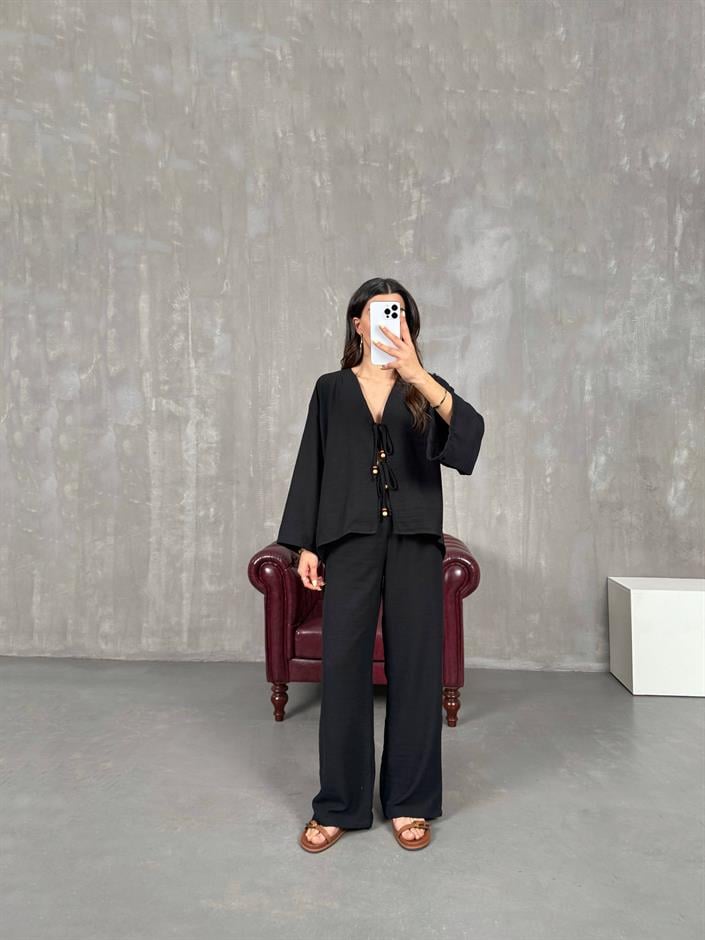Siyah Önden Bağlamalı Keten Kimono Takım Gaus00101