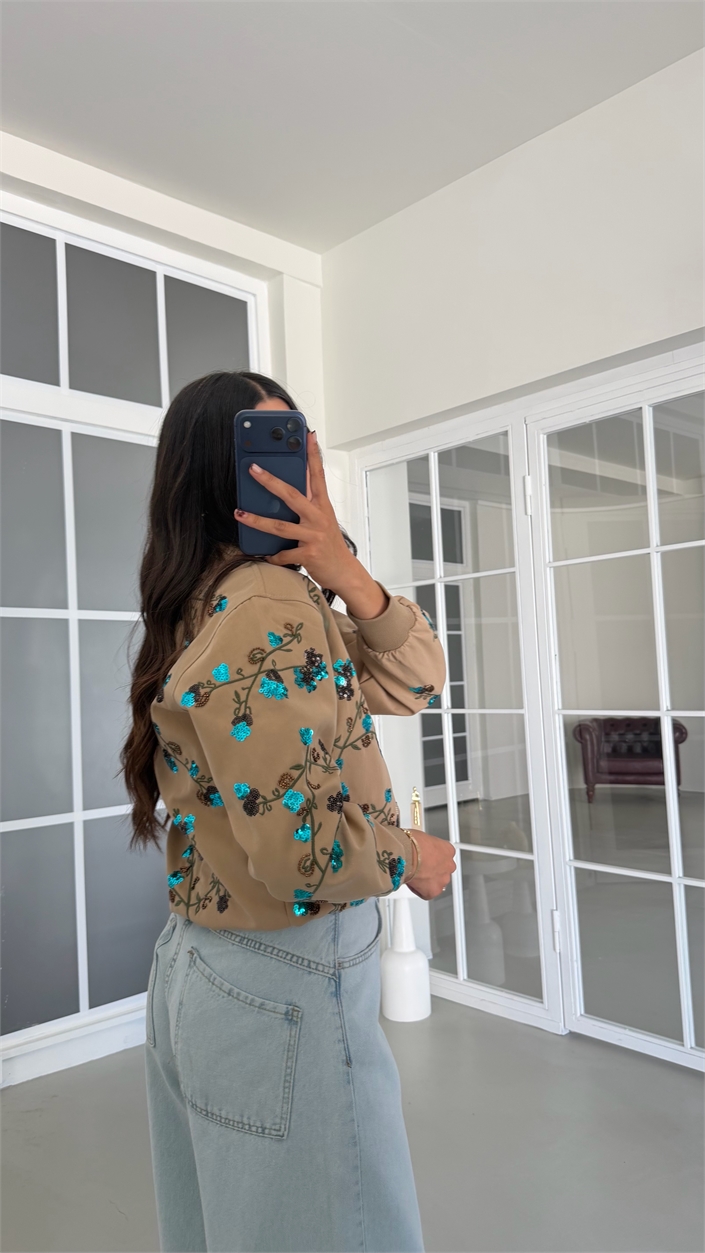 Camel Payet Nakışlı Astarlı Bomber Ceket GAUS-01934