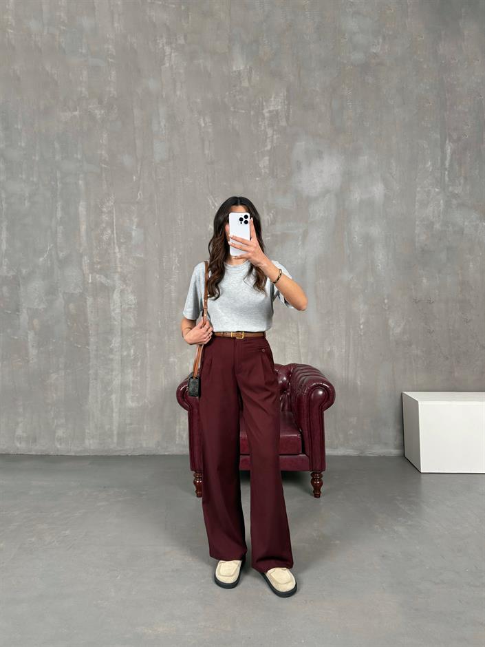 Rigal Bordo Ön Düğme Detaylı Kumaş Pantolon