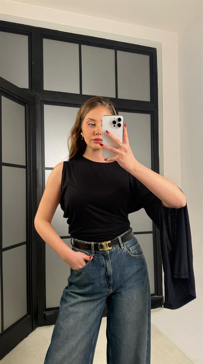 Siyah Tek Omuz Pelerin Bluz GAUS-01276