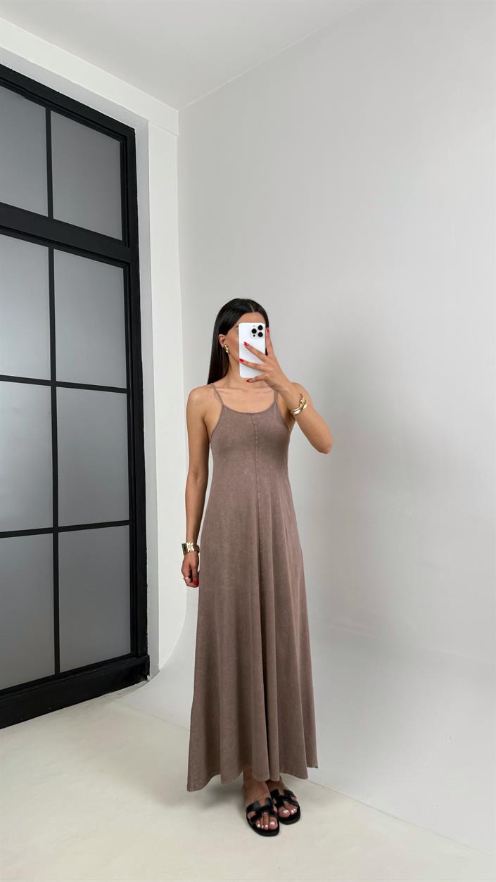 Kahve Yıkamalı Basic Ayarlanabilir Askılı Modal Kumaş Elbise Gaus00472