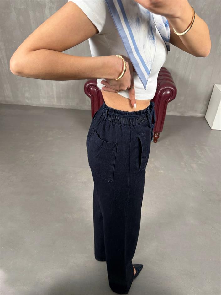 Lacivert Çımalı Beli Lastikli Bağlamalı Denim Pantolon Gaus00033