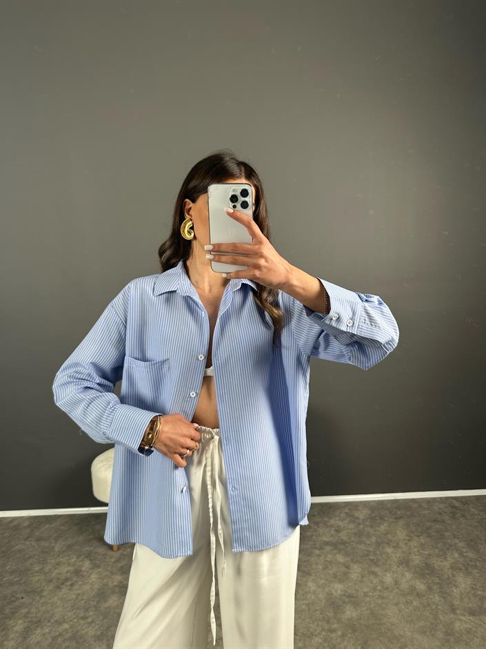 Sonho Mavi İnce Çizgili Oversize Gömlek 