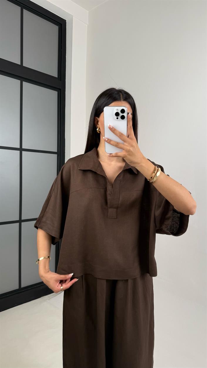 Acı Kahve Polo Yaka Yarasa Kol Bluz Şalvar Pantolon Md Muadil Premium Keten Takım Gaus00542