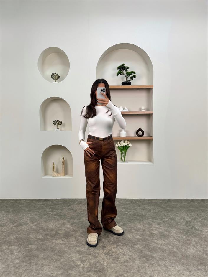 Vero Kahve Desenli Yıkama Kaplamalı Pantolon