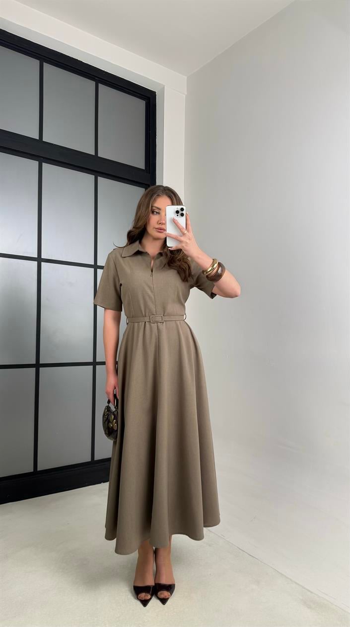 Haki İnce Kemerli Elbise GAUS-00991