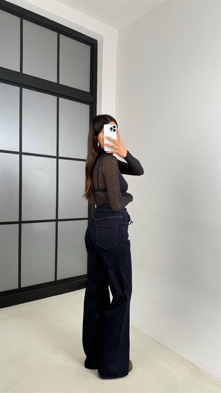 Lacivert Önü Bağlama Detaylı Kesik Paça Tasarım Denim Pantolon GAUS-00136